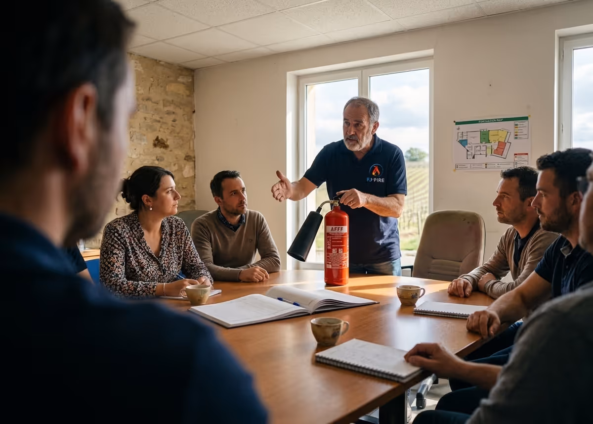 Formateur sécurité incendie présentant un extincteur à des salariés d'une PME du Libournais, registre de sécurité ouvert sur la table