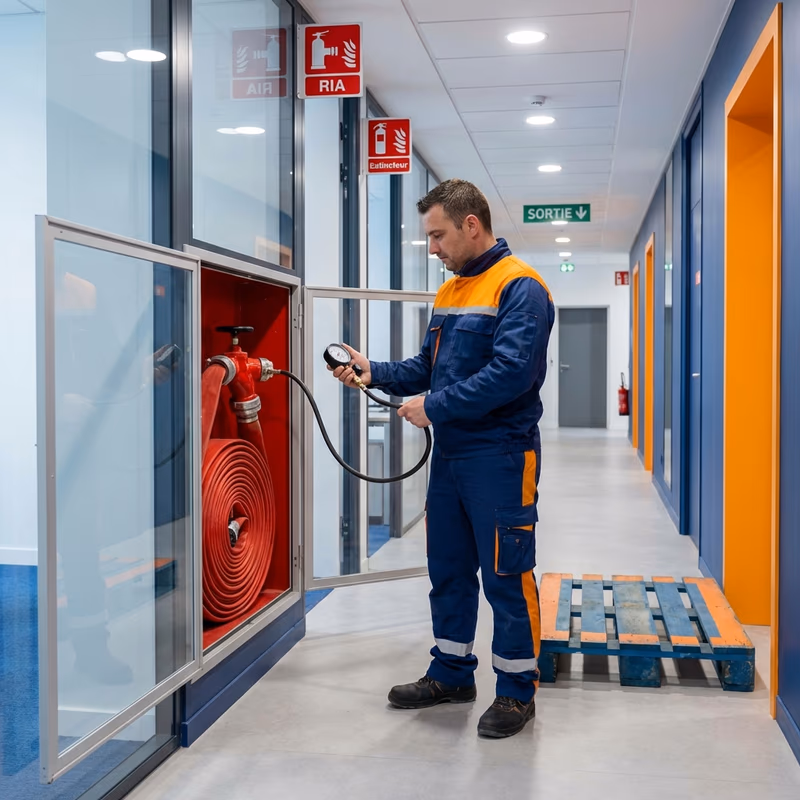 Technicien vérifiant un Robinet d'Incendie Armé (RIA) dans un couloir d'entreprise à Coutras, contrôle du débit et de la pression