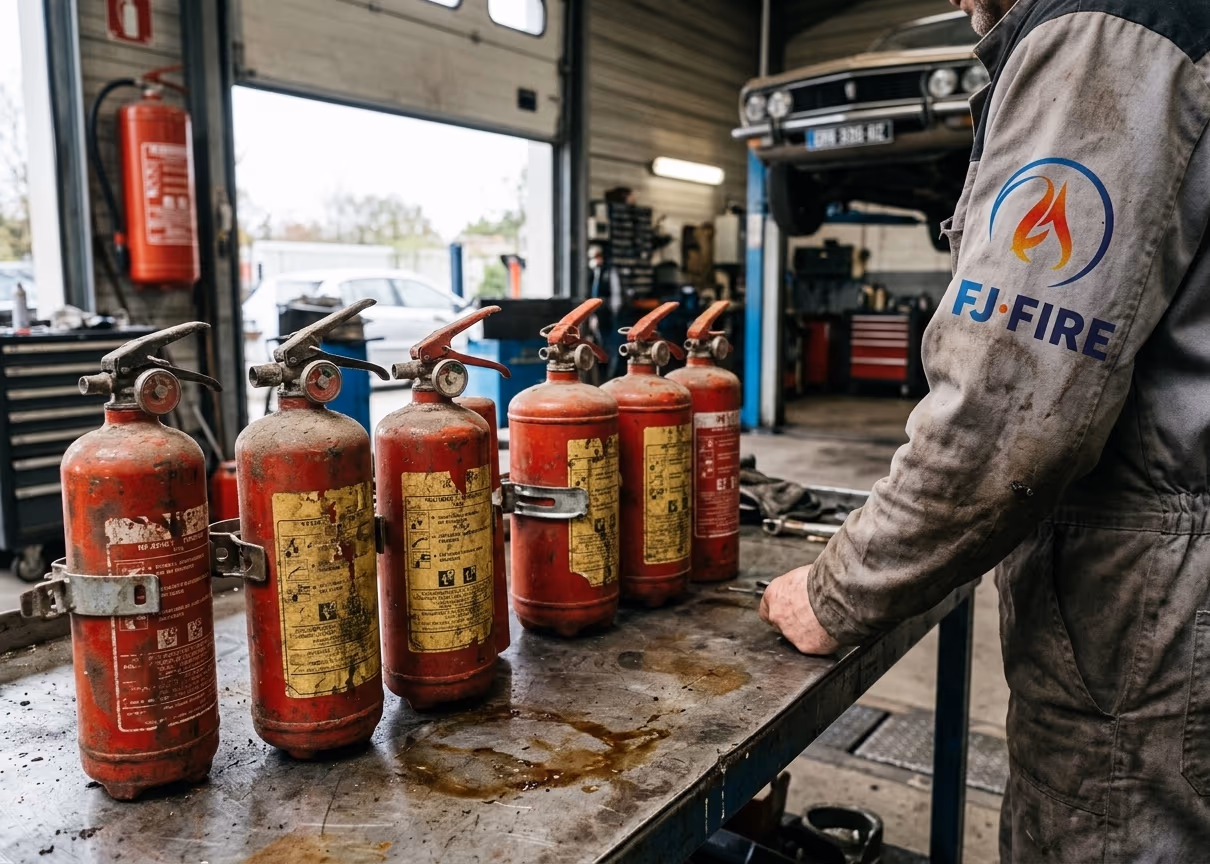 Extincteurs de voiture périmés alignés sur l'établi d'un garage automobile en Gironde