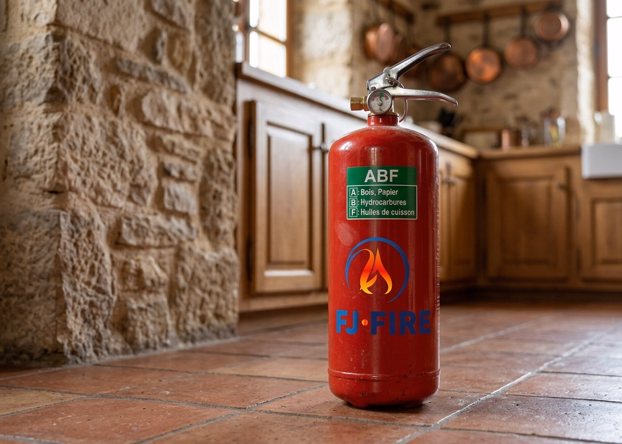 Extincteur ABF 2L posé contre un mur en pierre d'un corps de ferme rural, illustrant la prévention incendie en habitation isolée