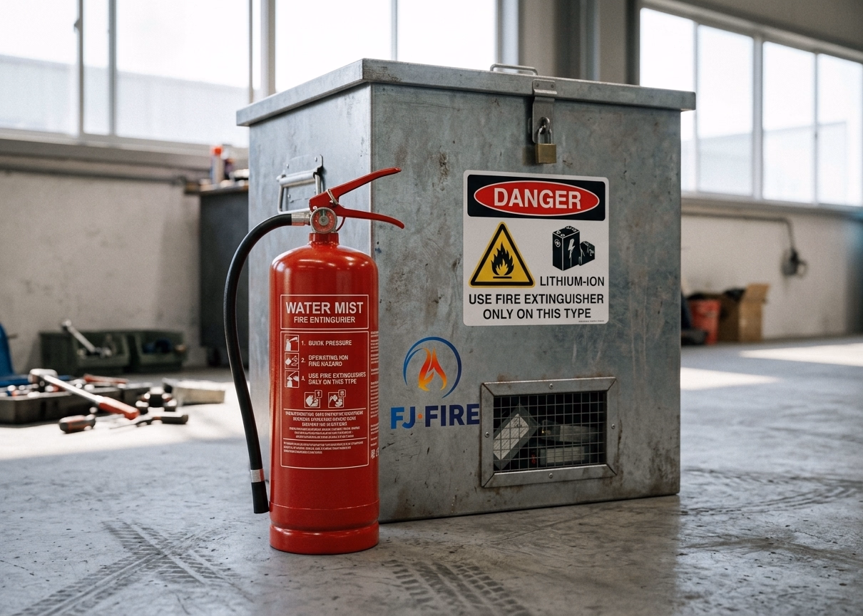 Extincteur à eau pulvérisée devant un bac métallique fermé de stockage de batteries lithium usagées en entreprise