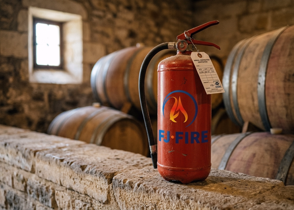 Extincteur certifié NF dans un chai en pierre du Médoc, obligation sécurité incendie ERP touristique Gironde