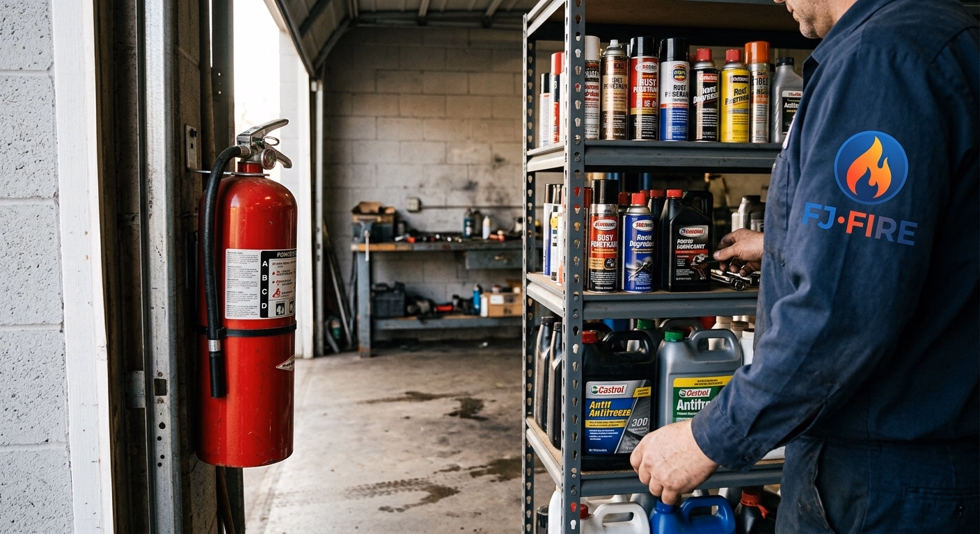 Garage de maison individuelle avec extincteur a poudre ABC fixe pres de la porte, bidons et produits stockes sur etagere securisee