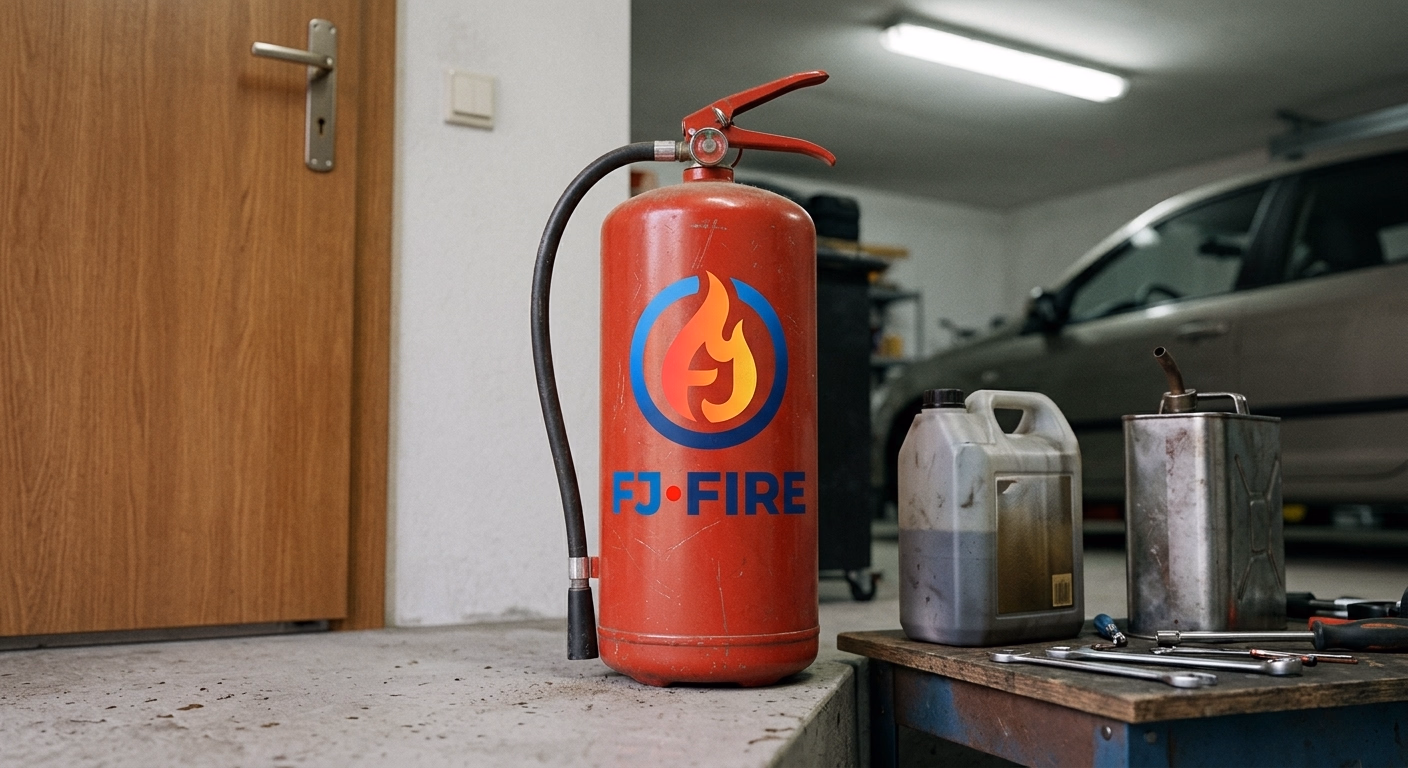Extincteur ABF posé près d'un établi de garage avec bidons d'huile et véhicule, illustrant la prévention du feu de garage à domicile