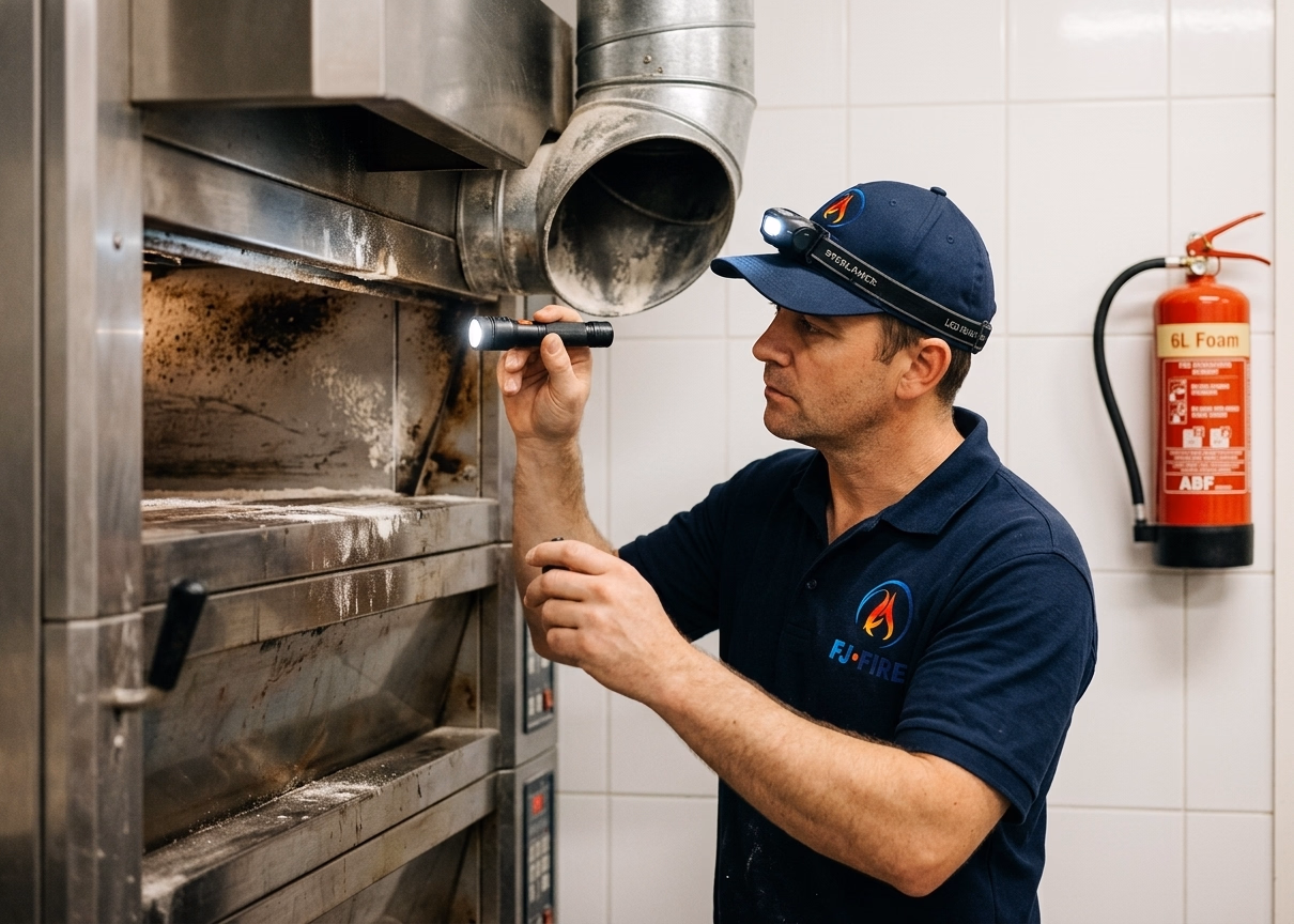 Technicien FJ FIRE inspectant le conduit d'un four de boulangerie — vérification annuelle obligatoire et extincteur adapté