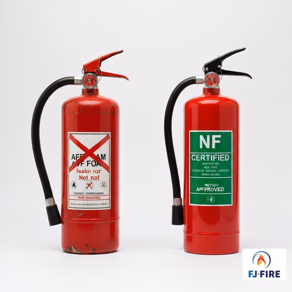 Technicien FJ FIRE vérifiant l'étiquette d'un extincteur en entreprise pour contrôler l'absence d'agents fluorés PFAS, audit de conformité Gironde