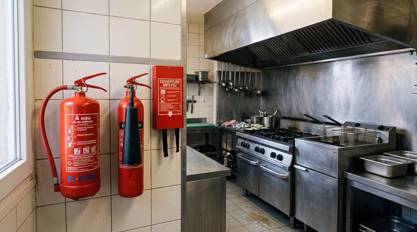 Cuisine professionnelle de restaurant avec extincteur à eau additivée classe F, extincteur CO2 et couverture anti-feu fixés au mur près de la friteuse