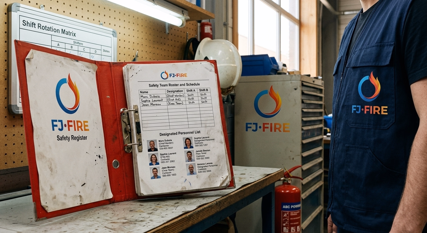 Classeur de registre de sécurité incendie ouvert à côté d'un planning d'équipes et d'une liste de salariés désignés, pour savoir qui former à la sécurité incendie