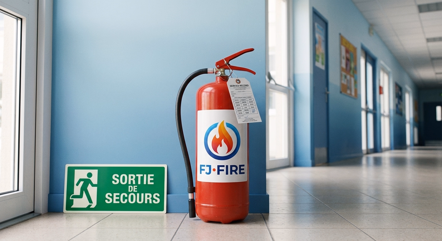 Extincteur à eau pulvérisée rouge avec étiquette de vérification annuelle, près d'une issue de secours d'un couloir d'établissement scolaire
