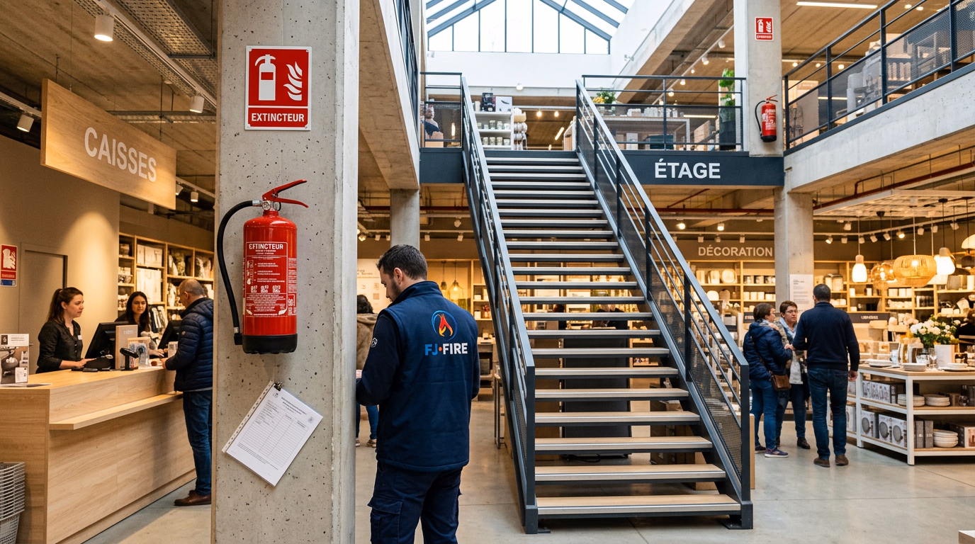 Magasin sur deux niveaux avec un extincteur à eau fixé près de la caisse et un second appareil en haut de l'escalier