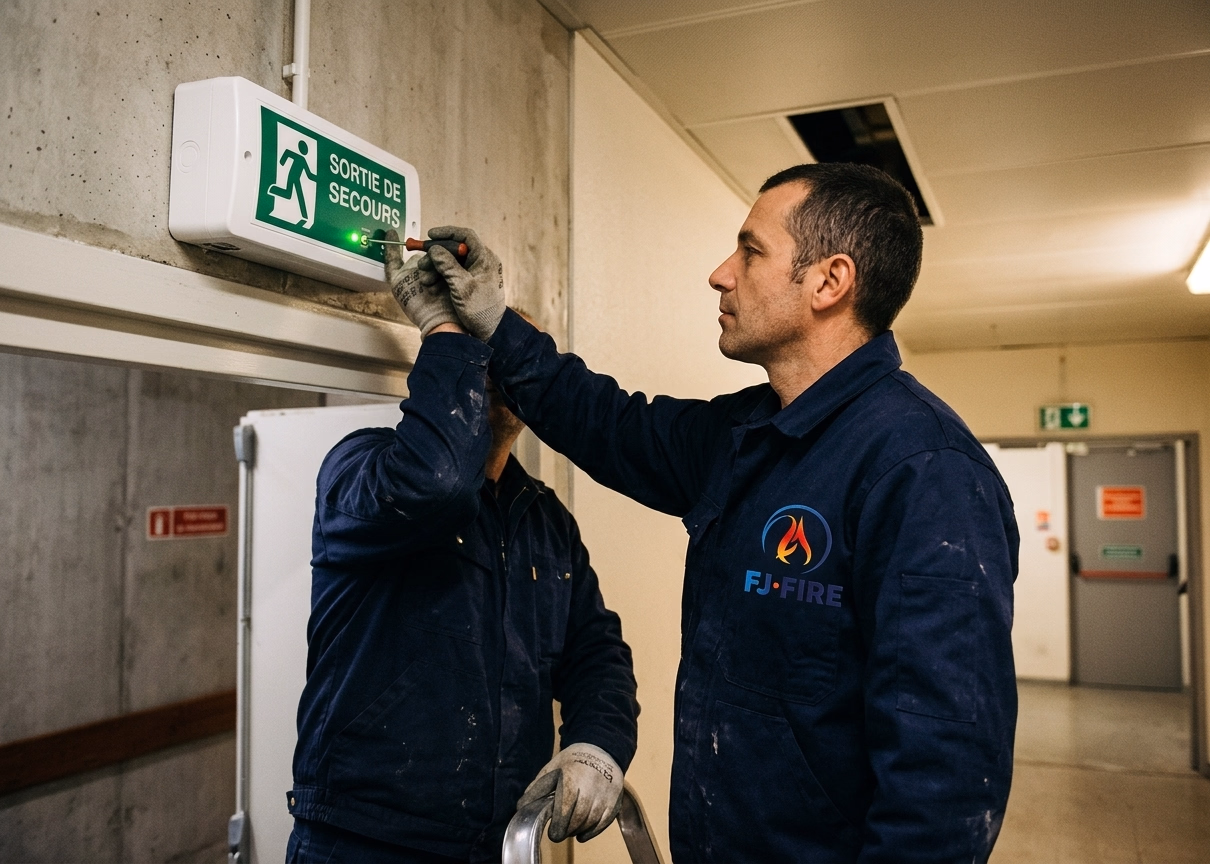 Gros plan sur un bloc autonome d'éclairage de sécurité BAES avec voyant vert de présence secteur, lors d'un contrôle de maintenance conforme NF C 71-830