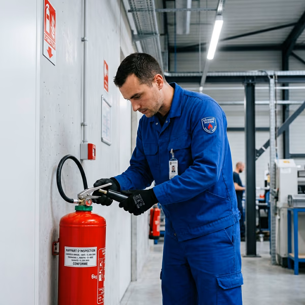 Technicien certifié FJ FIRE vérifiant un extincteur rouge dans un couloir d'entreprise à Bordeaux, étiquette de vérification annuelle visible