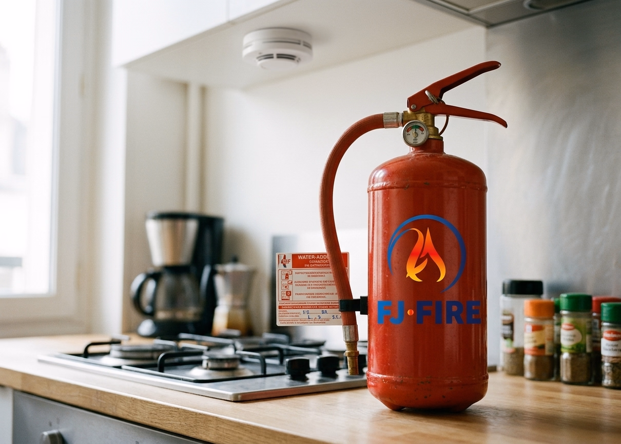 Extincteur ABF 2 litres rouge posé près d'une plaque de cuisson avec détecteur de fumée au plafond, le meilleur extincteur pour la maison en 2026