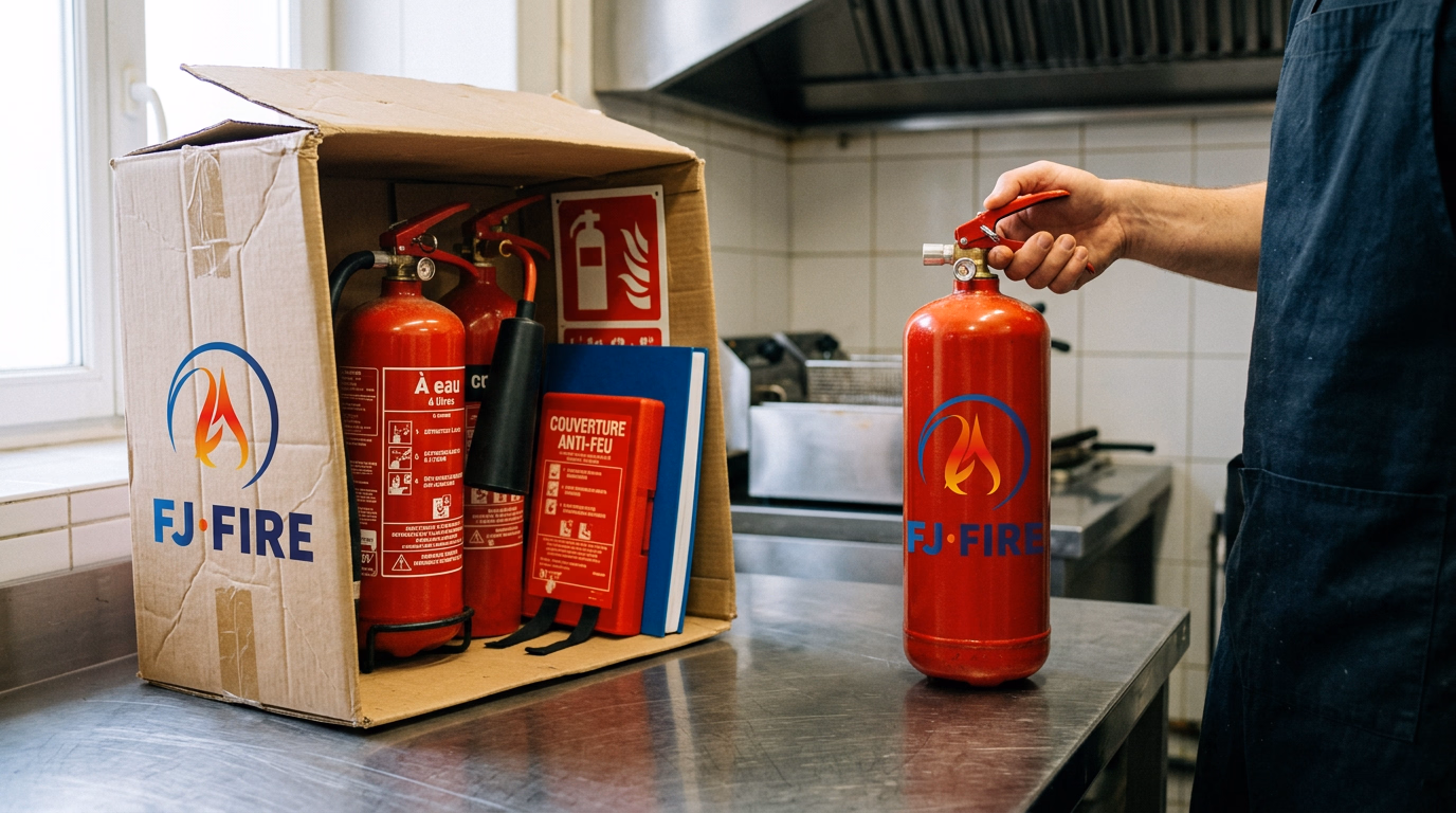 Carton ouvert contenant un pack incendie complet (extincteurs, couverture anti-feu, registre de sécurité) et un extincteur tenu à la main dans la cuisine d'un restaurant
