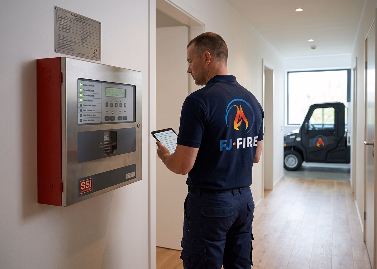 Panneau de contrôle SSI de catégorie A dans une résidence ERP type J, vérification de conformité par un technicien FJ FIRE