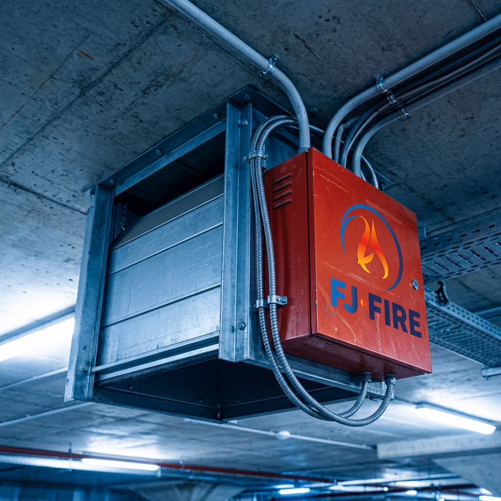 Système de désenfumage et alarme incendie dans un parking souterrain d'immeuble de bureaux, prévention incendie Bordeaux