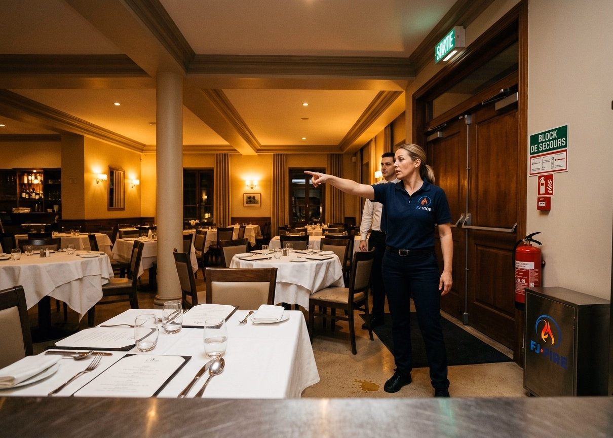 Serveuse indiquant à un collègue le chemin vers la sortie de secours dans une salle de restaurant, tables dressées et bloc de secours vert allumé