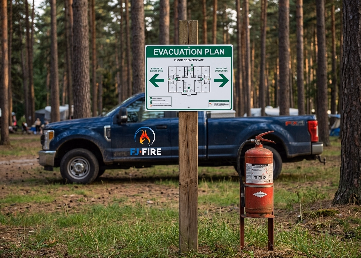 Plan d'évacuation incendie affiché à l'entrée d'un camping en zone boisée de Nouvelle-Aquitaine, extincteur rouge visible