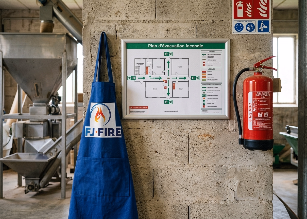 Plan d'évacuation incendie affiché dans un bâtiment professionnel rural avec extincteur rouge ABC conforme Code du Travail