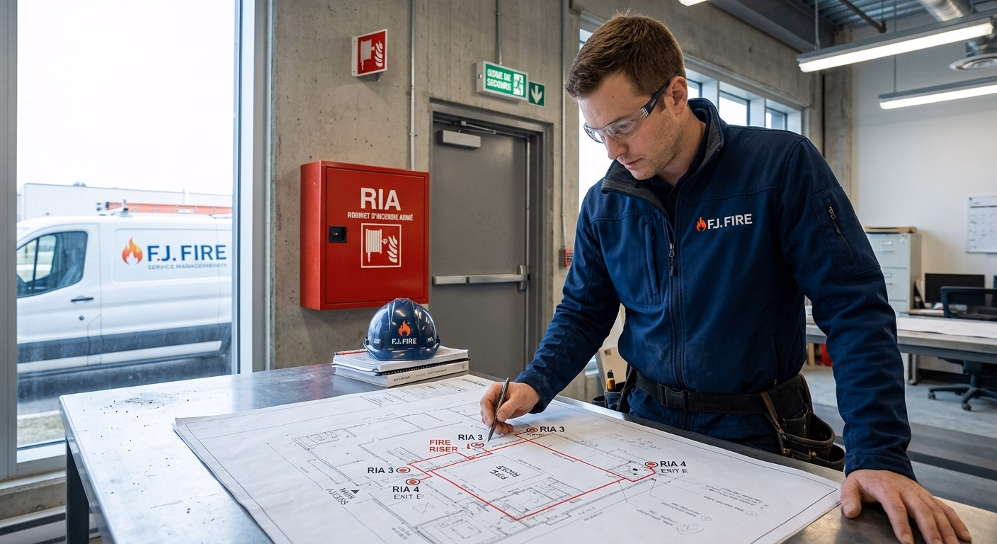 Technicien FJ FIRE étudiant un plan d'implantation de réseau de RIA dans un bâtiment industriel, avec repérage des postes et des canalisations d'alimentation en eau selon la norme NF S 62-201