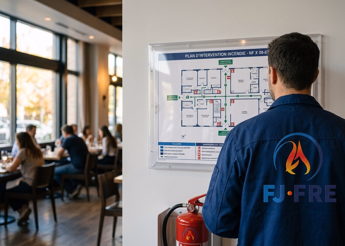 Plan d'intervention incendie NF X 08-070 affiche a l'entree d'un commerce en zone boisee periburbaine de Bordeaux Metropole
