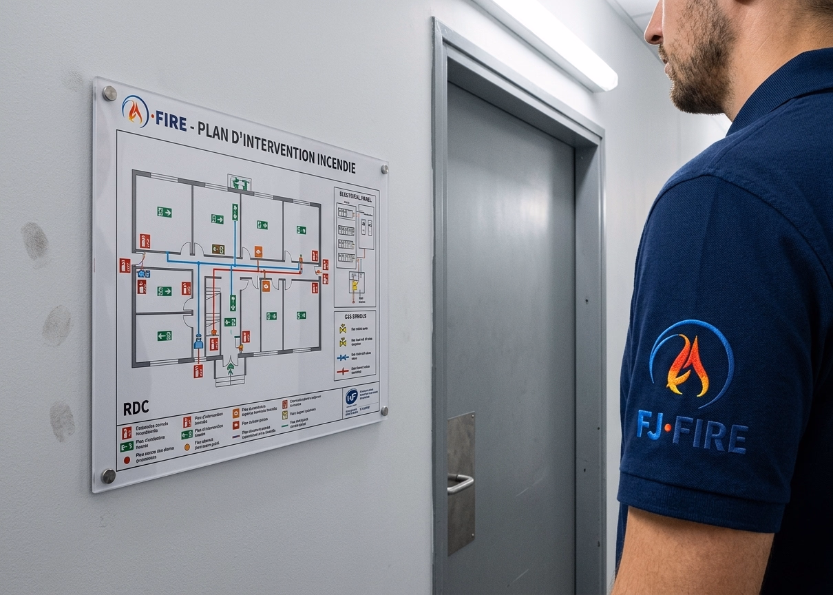 Plan d'intervention incendie plastifié affiché à l'entrée d'un ERP avec symboles extincteurs et issues de secours