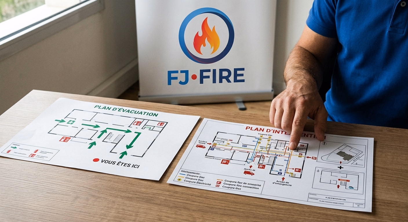 Comparaison entre un plan d'évacuation destiné aux occupants et un plan d'intervention destiné aux pompiers, posés côte à côte