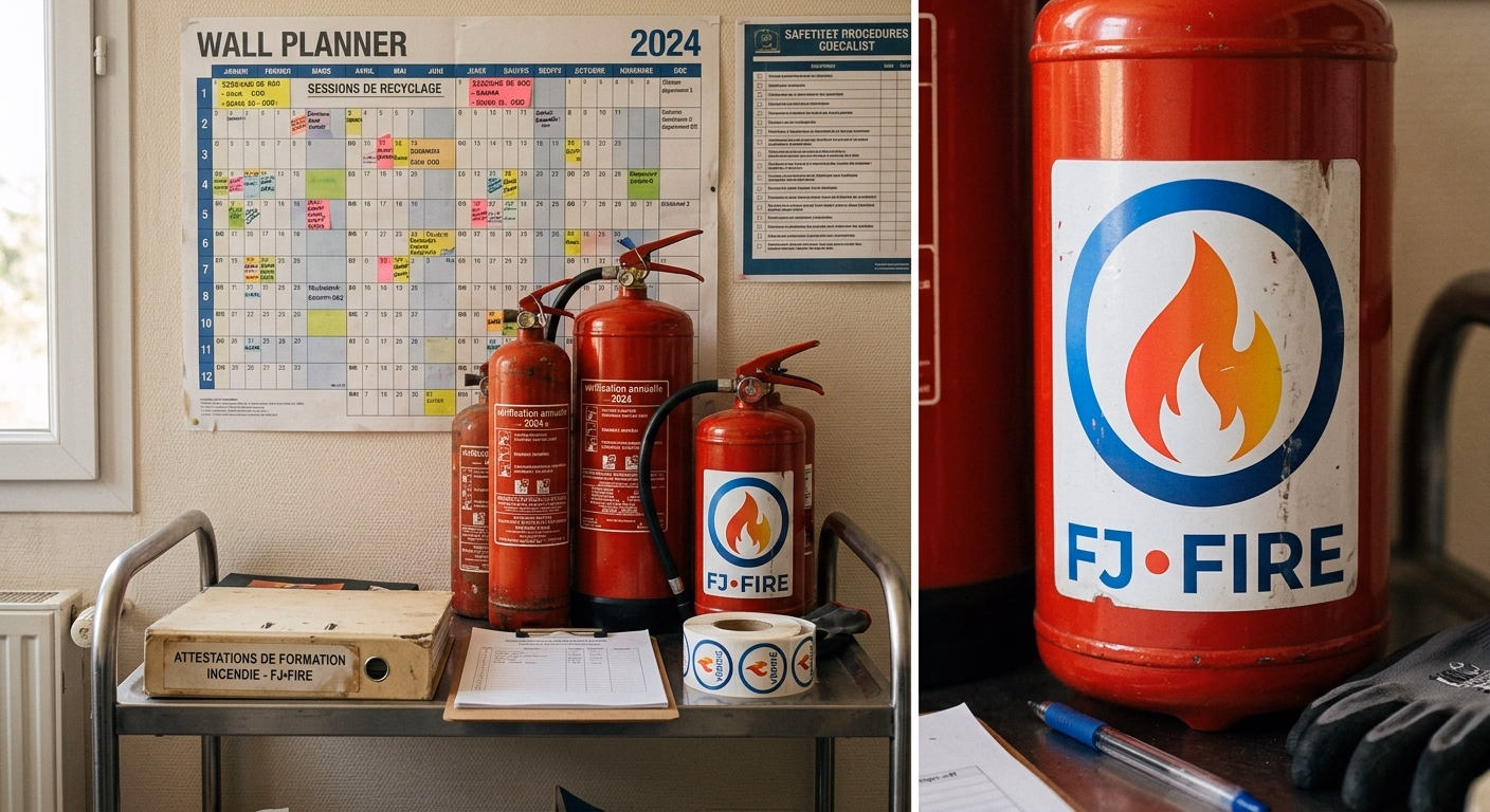 Planning mural de recyclage, classeur d'attestations de formation incendie et extincteurs de vérification annuelle sur un chariot dans un bureau de PME