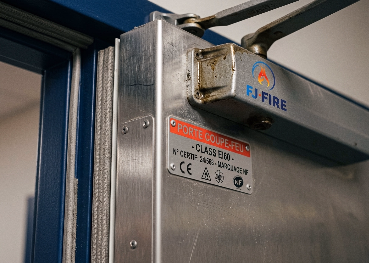 Plaque signalétique rivetée sur le chant d'une porte coupe-feu indiquant le classement EI60, le numéro de certification et le marquage NF, ferme-porte et joint intumescent visibles