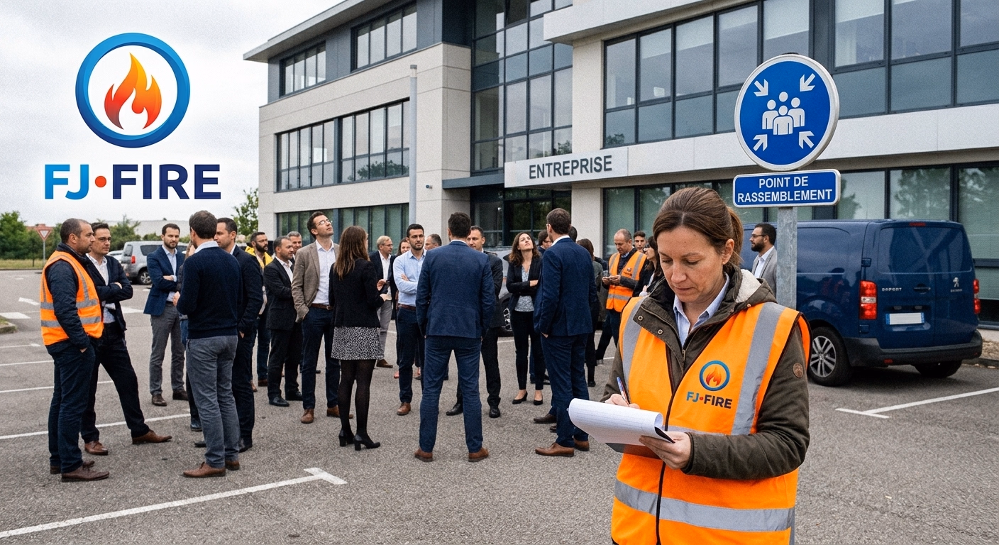 Point de rassemblement lors d'un exercice d'évacuation incendie en entreprise, un guide-file en gilet haute visibilité compte les employés présents à partir d'une feuille d'appel