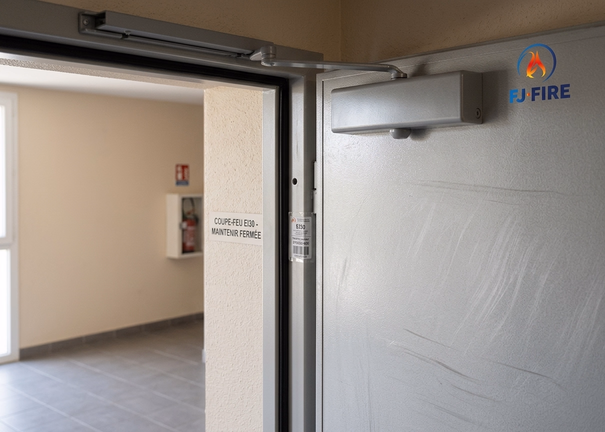 Porte palière coupe-feu EI30 en copropriété à Bordeaux : distinction entre partie commune (palier, encadrement, ferme-porte) et partie privative côté logement, joint intumescent et étiquette de suivi