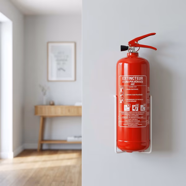 Extincteur ABF 2 litres installé au mur dans un couloir de maison, le type recommandé pour les particuliers