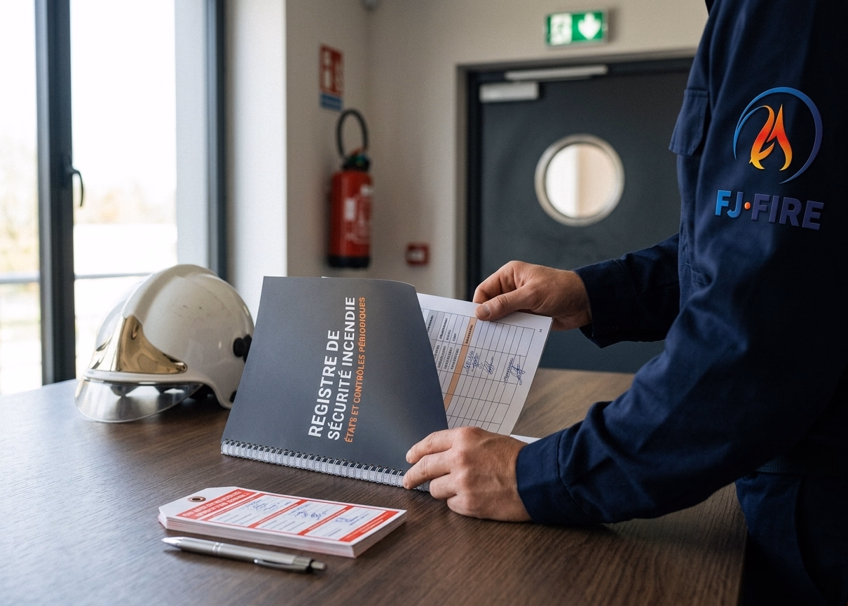 Registre de sécurité incendie ERP ouvert avec rapport de vérification d'extincteur et casque de chantier, préparation contrôle commission de sécurité