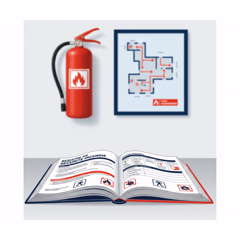 Registre de sécurité incendie ouvert sur un bureau avec pictogrammes sécurité et extincteur en arrière-plan