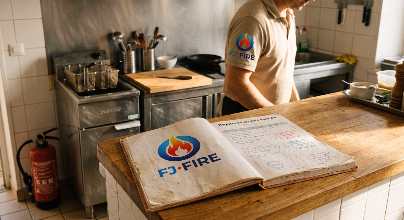 Registre de sécurité incendie ouvert et extincteur classe F près d'une friteuse dans un restaurant ERP 5e catégorie à La Roche-Chalais, Dordogne