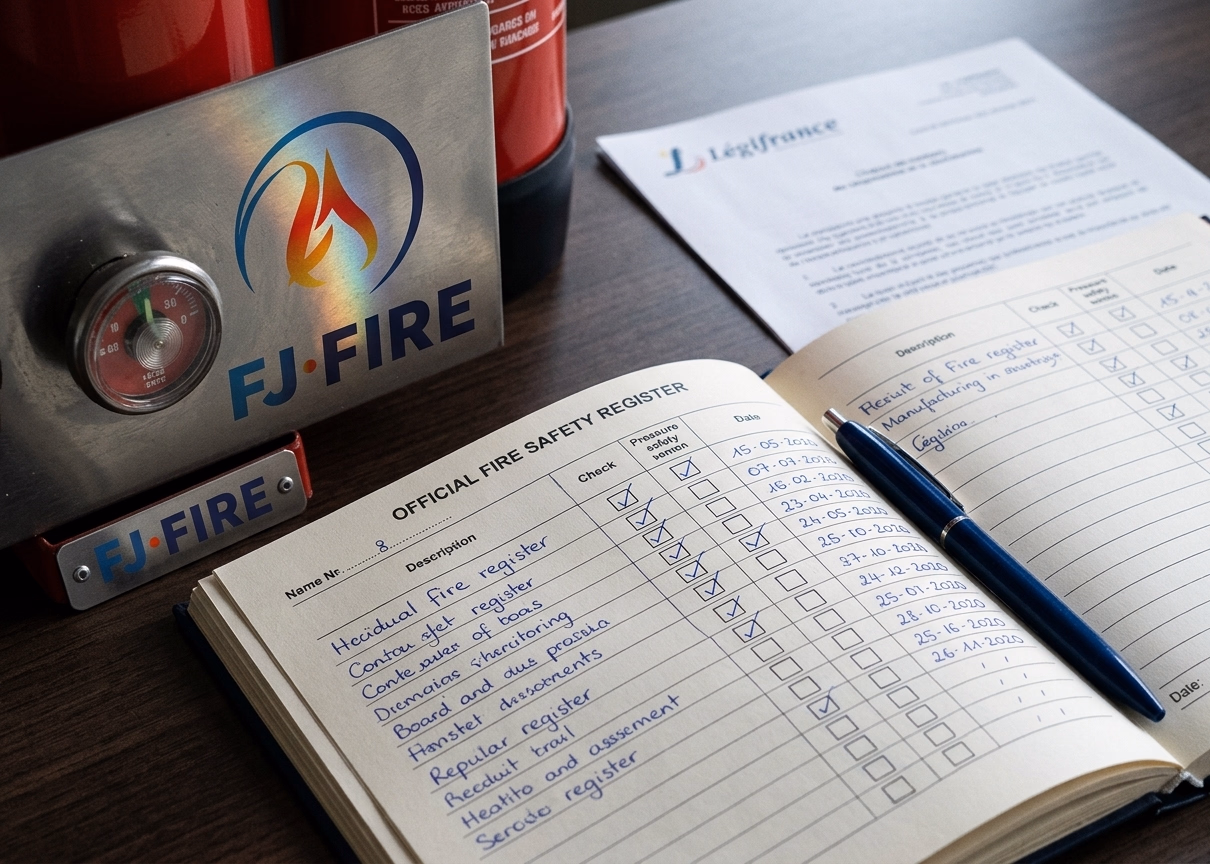 Registre de sécurité incendie ouvert avec cases de vérification cochées, obligations décret 2025-1100