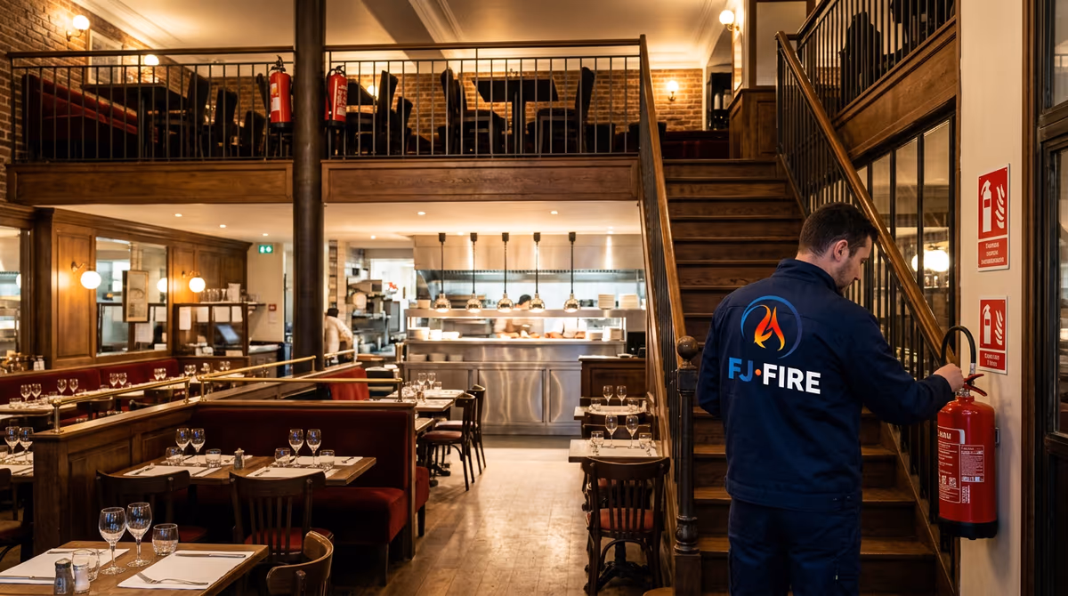 Salle de restaurant sur deux niveaux avec un extincteur à eau fixé près de l'escalier et un second extincteur visible sur la mezzanine