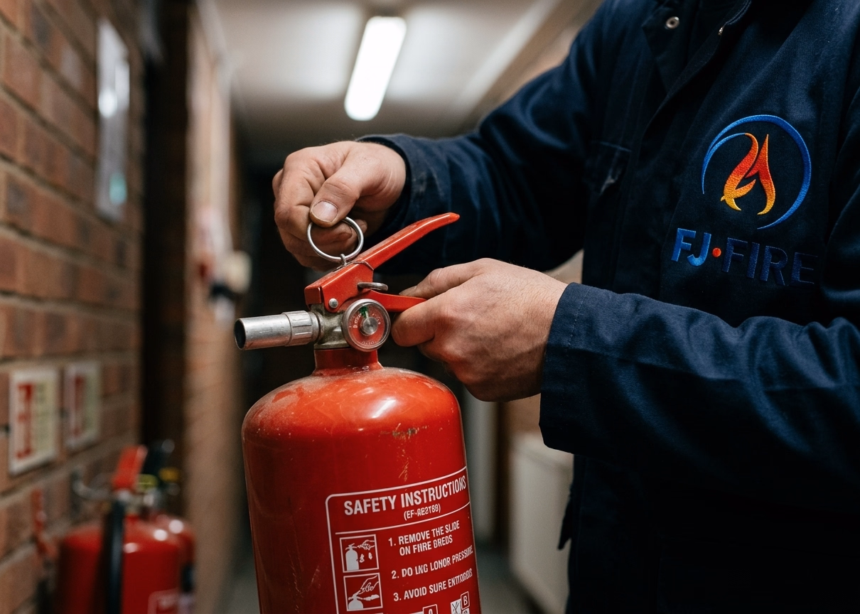 Mains retirant la goupille de sécurité d'un extincteur rouge, premier geste avant utilisation