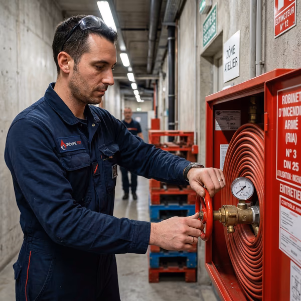 Armoire RIA ouverte avec tuyau semi-rigide enroulé sur dévidoir, raccordé au réseau d'eau, dans un couloir d'entreprise française avec signalétique incendie