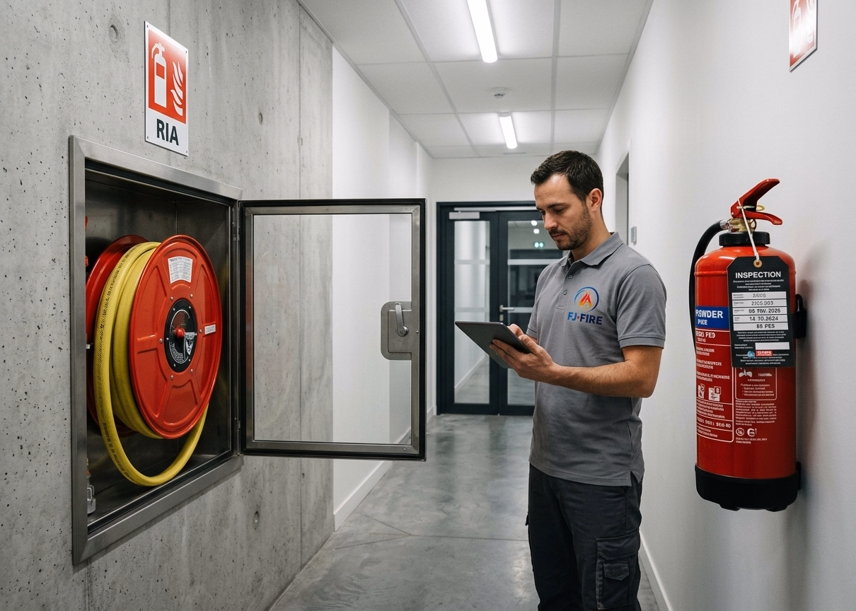 Armoire RIA ouverte et extincteur rouge côte à côte dans un couloir d'entreprise, illustrant la complémentarité des deux équipements de sécurité incendie