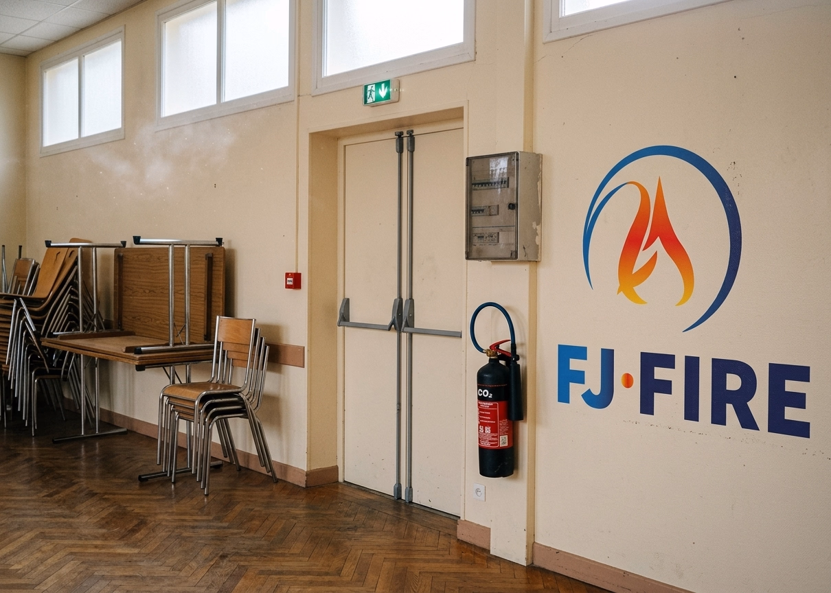 Salle associative ERP 5e catégorie à Saint-Astier en Dordogne avec extincteur CO2 près du tableau électrique, déclencheur d'alarme et bloc BAES au-dessus de l'issue de secours