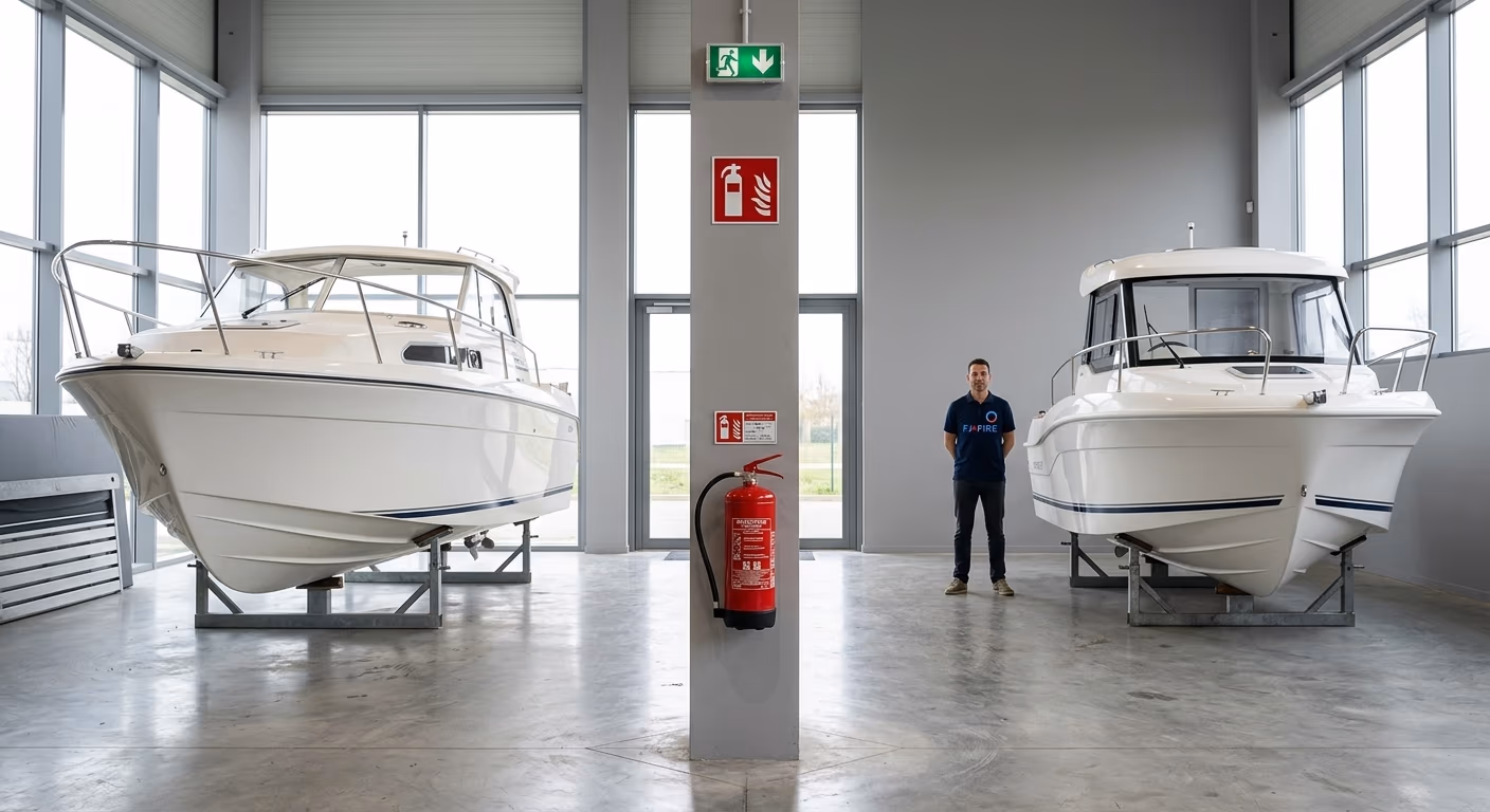 Salle d'exposition permanente de bateaux avec extincteur à eau pulvérisée signalé sur un pilier et BAES au-dessus de l'issue, ERP type T en Gironde