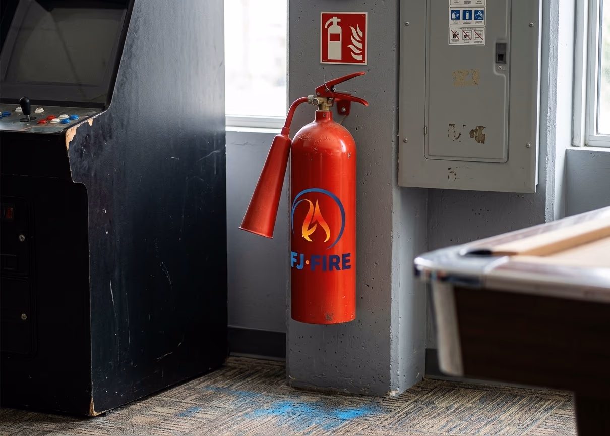 Salle de jeux avec borne d'arcade et billard, extincteur CO2 fixé près du tableau électrique sous son panneau de signalisation, ERP type P
