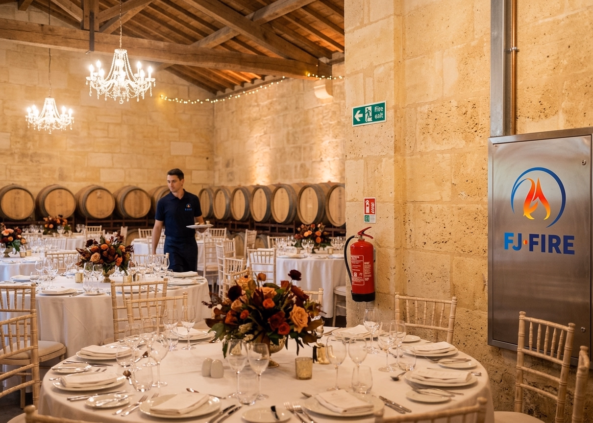 Salle de réception de mariage aménagée dans un chai viticole en Gironde avec extincteur conforme visible sur mur de pierre