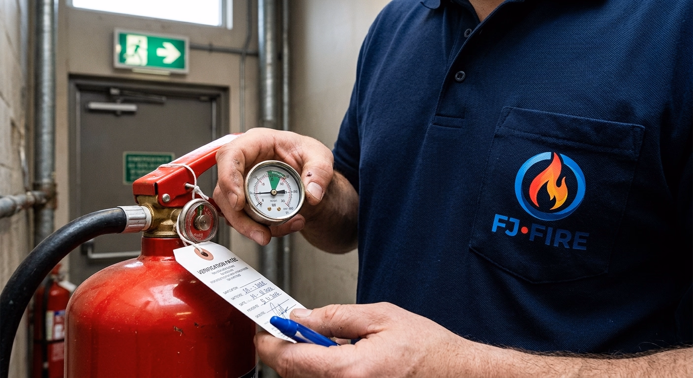 Technicien FJ FIRE vérifiant un extincteur et un bloc de secours BAES dans les locaux d'une entreprise en Gironde