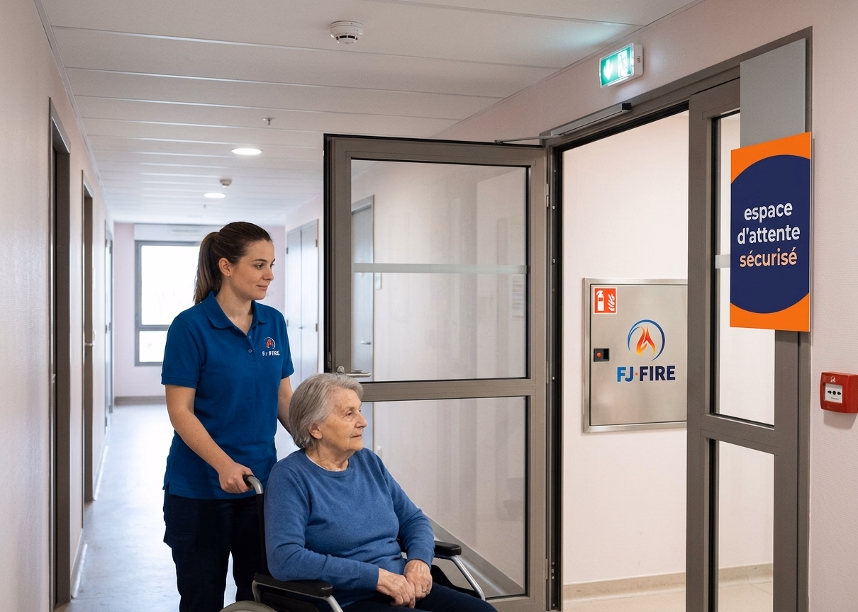 Soignant accompagnant une résidente en fauteuil roulant à travers une porte coupe-feu vers un espace d'attente sécurisé dans un EHPAD