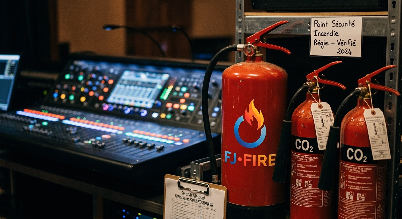 Salle polyvalente conforme avec extincteur, BAES au-dessus de l'issue de secours et signalétique de sécurité incendie