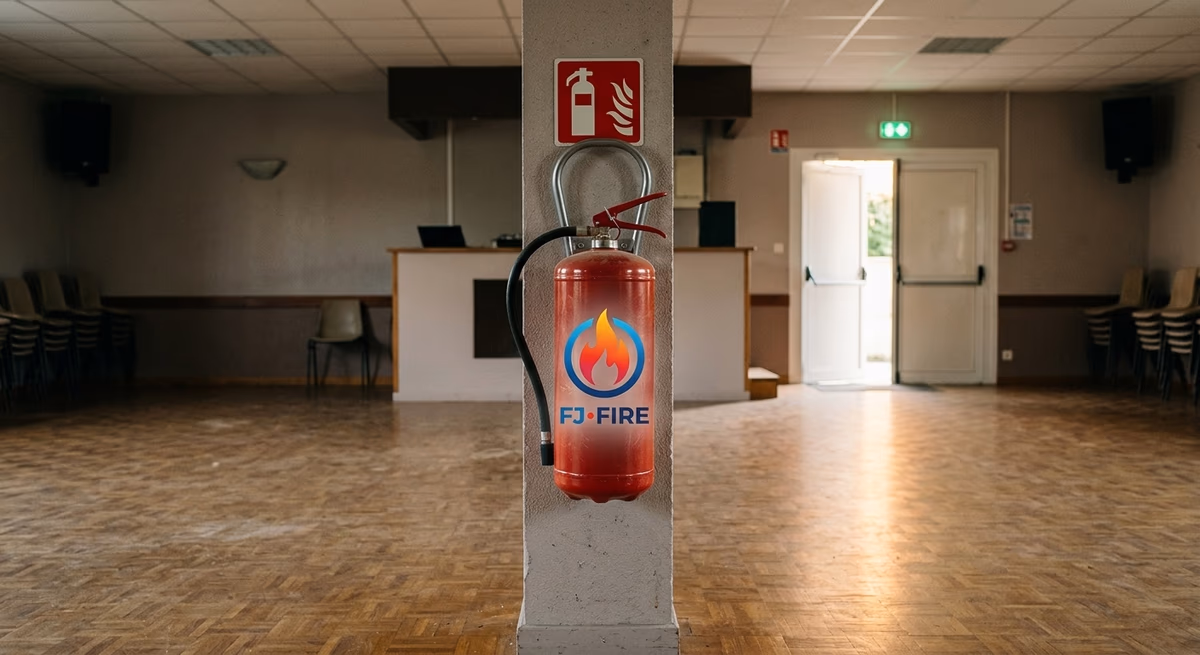 Salle de danse avec extincteur à eau pulvérisée sur un poteau et bloc BAES au-dessus de l'issue de secours, ERP type P en Gironde