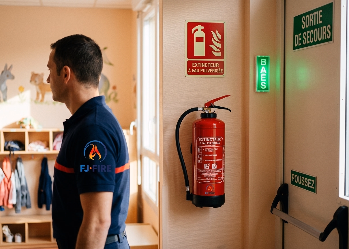 Couloir d'école primaire conforme avec extincteur à eau pulvérisée, BAES au-dessus de la sortie de secours et plan d'évacuation affiché
