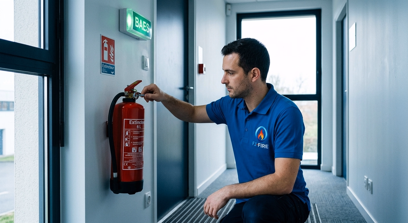 Extincteur eau pulvérisée et BAES dans un couloir de bureaux modernes, conformité sécurité incendie ERP type W